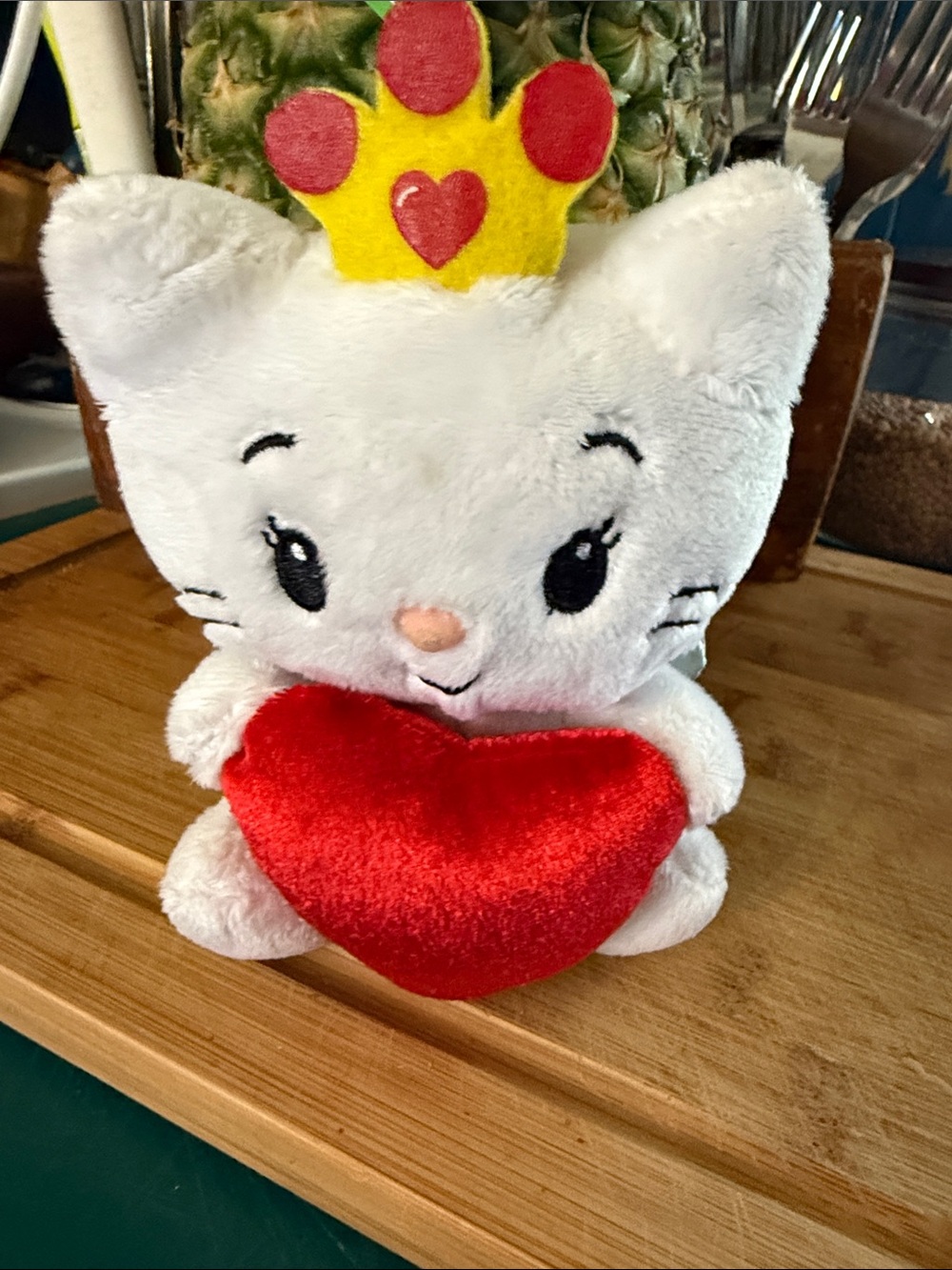 White Plush Cat with Red Heart and Yellow Crown Stuffed Toy